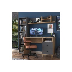 Mesa de Trabajo con Estantería y 2 Cajones, Color Antracita-Natural, 160x50x161.8 cm.