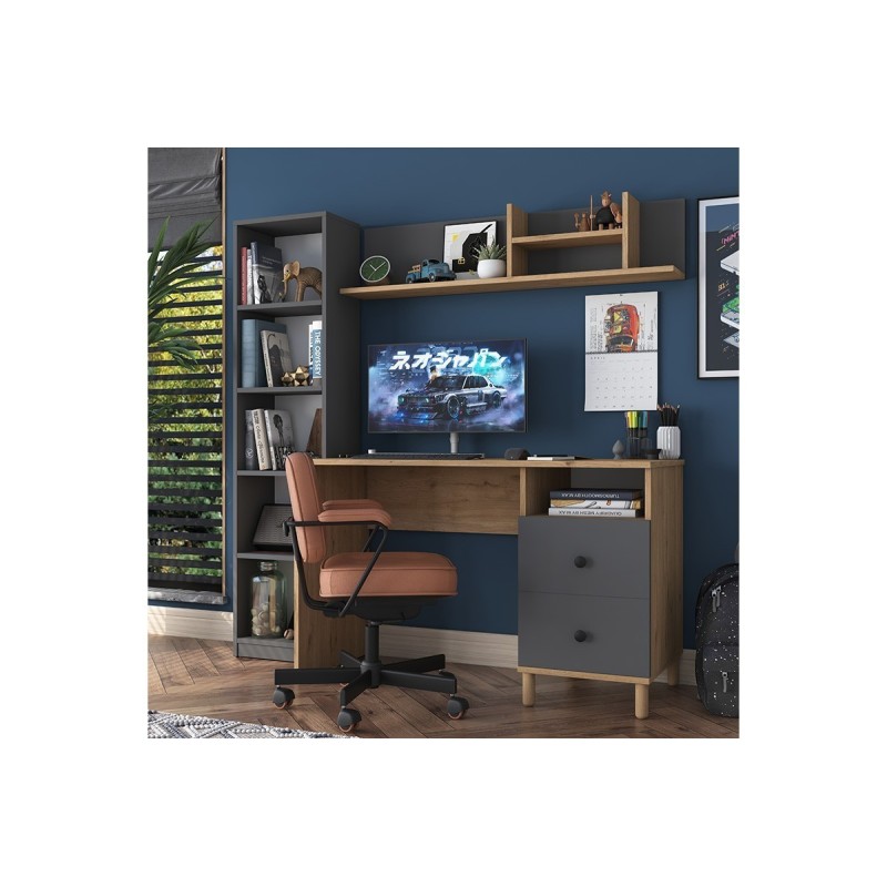 Mesa de Trabajo con Estantería y 2 Cajones, Color Antracita-Natural, 160x50x161.8 cm.