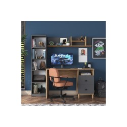 Mesa de Trabajo con Estantería y 2 Cajones, Color Antracita-Natural, 160x50x161.8 cm.