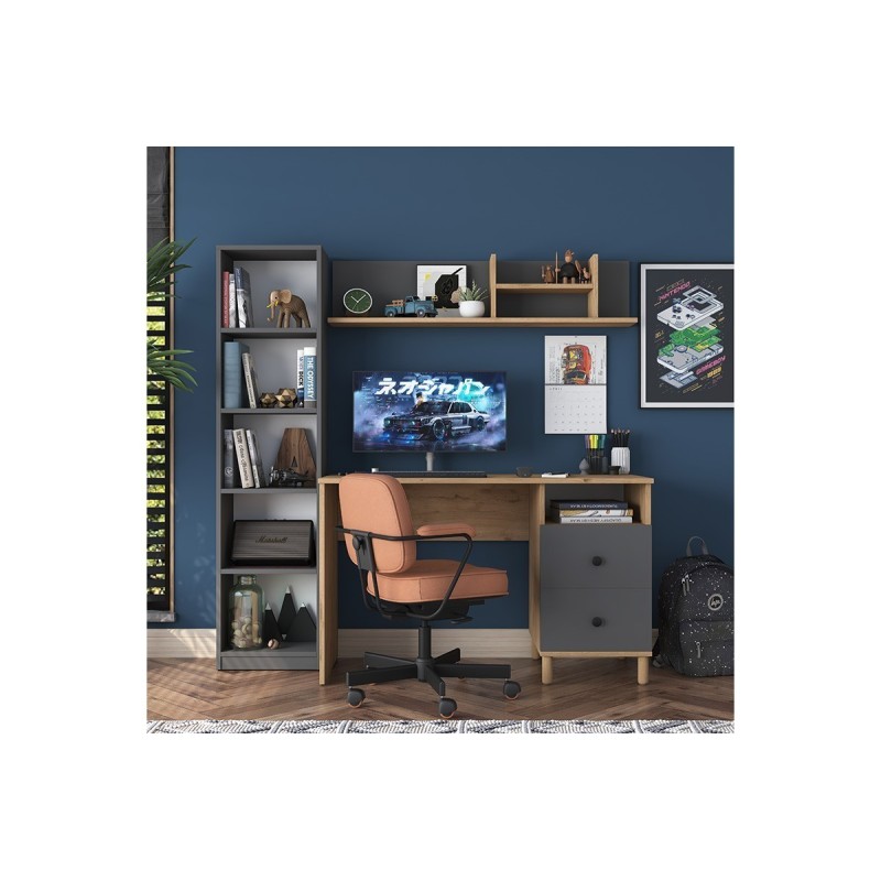 Mesa de Trabajo con Estantería y 2 Cajones, Color Antracita-Natural, 160x50x161.8 cm.