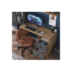 Mesa de Trabajo con Estantería y 2 Cajones, Color Antracita-Natural, 160x50x161.8 cm.