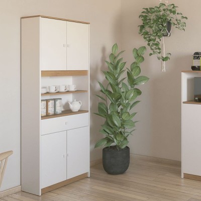 Armario Multiusos Tipo Buffet con 4 Puertas – Acabado Blanco y Roble – 180 x 67 x 29 cm (alto x ancho x fondo)