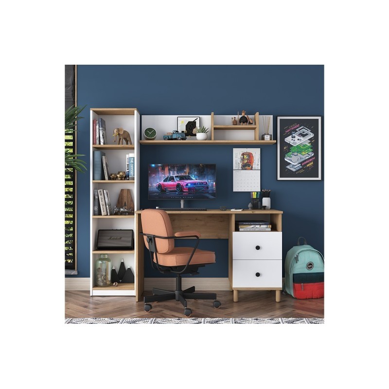 Mesa de Trabajo con Estantería y 2 Cajones, Color Blanco-Natural, 160x50x161.8 cm.