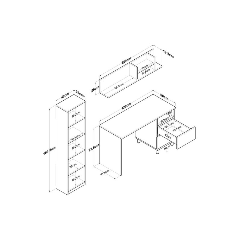 Mesa de Trabajo con Estantería y 2 Cajones, Color Blanco-Natural, 160x50x161.8 cm.