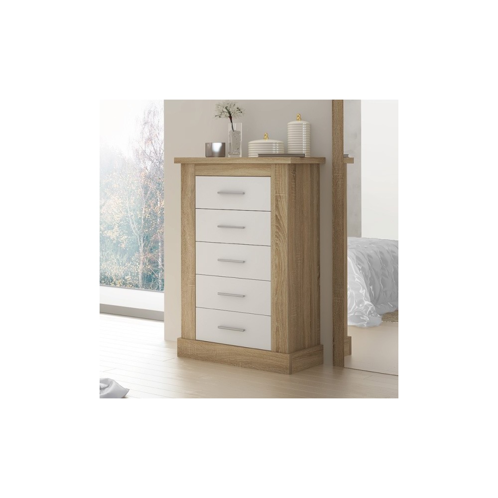Cómoda, Sinfonier 5 Cajones, Acabado en Blanco y Cambrian, Medidas: 66 cm (Ancho) x 107 cm (Alto) x 39,6 cm de (Fondo)