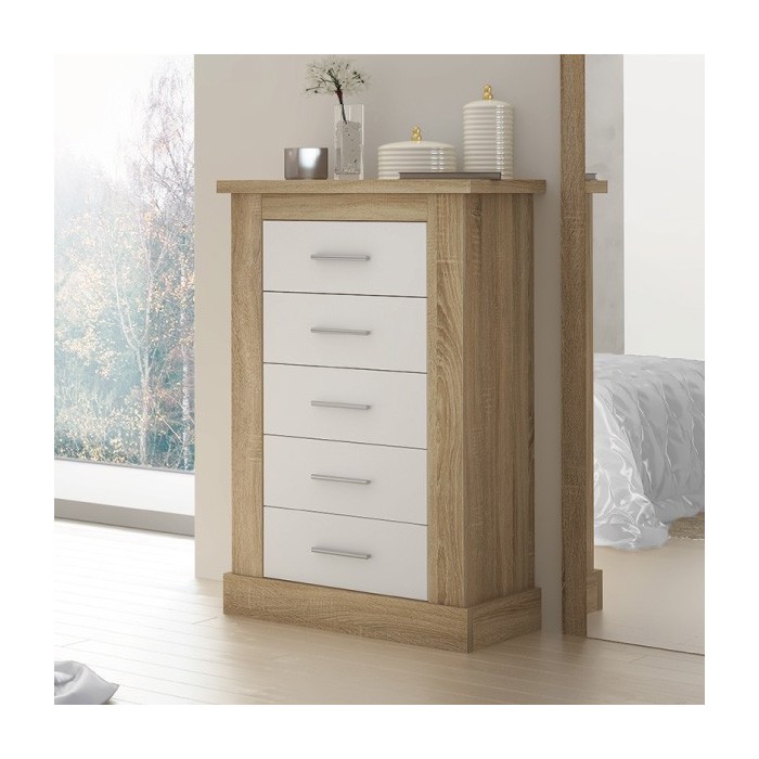 Cómoda, Sinfonier 5 Cajones, Acabado en Blanco y Cambrian, Medidas: 66 cm (Ancho) x 107 cm (Alto) x 39,6 cm de (Fondo)