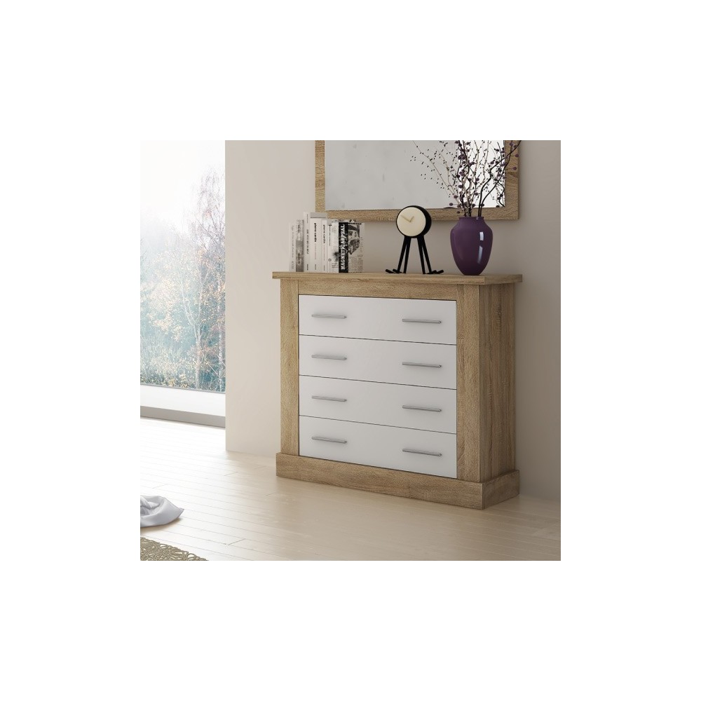 Cómoda 4 Cajones, Acabado en Blanco y Cambrian, Medidas: 91,5 cm (Ancho) x 90,8 cm (Alto) x 39,6 cm de (Fondo)
