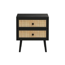 Mesita de Noche de Tablero Aglomerado y Ratán Color Negro, 50x39x55 cm, 2 Cajones, Estilo Natural
