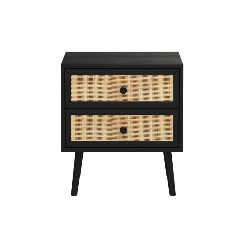 Mesita de Noche de Tablero Aglomerado y Ratán Color Negro, 50x39x55 cm, 2 Cajones, Estilo Natural