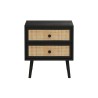 Mesita de Noche de Tablero Aglomerado y Ratán Color Negro, 50x39x55 cm, 2 Cajones, Estilo Natural