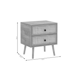 Mesita de Noche de Tablero Aglomerado y Ratán Color Negro, 50x39x55 cm, 2 Cajones, Estilo Natural