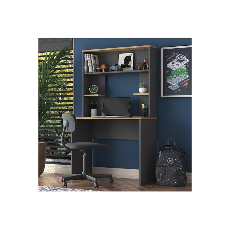 Mesa de Trabajo-Estantería Color Nogal-Natural, 90x45x155,60cm - Múltiples Estantes para Organización