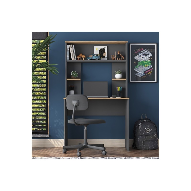 Mesa de Trabajo-Estantería Color Nogal-Natural, 90x45x155,60cm - Múltiples Estantes para Organización