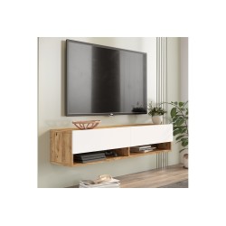 Mueble TV de Pared Color Blanco-Roble 140x31.6x29.6 cm - 2 Puertas - Estilo Moderno y Funcional.