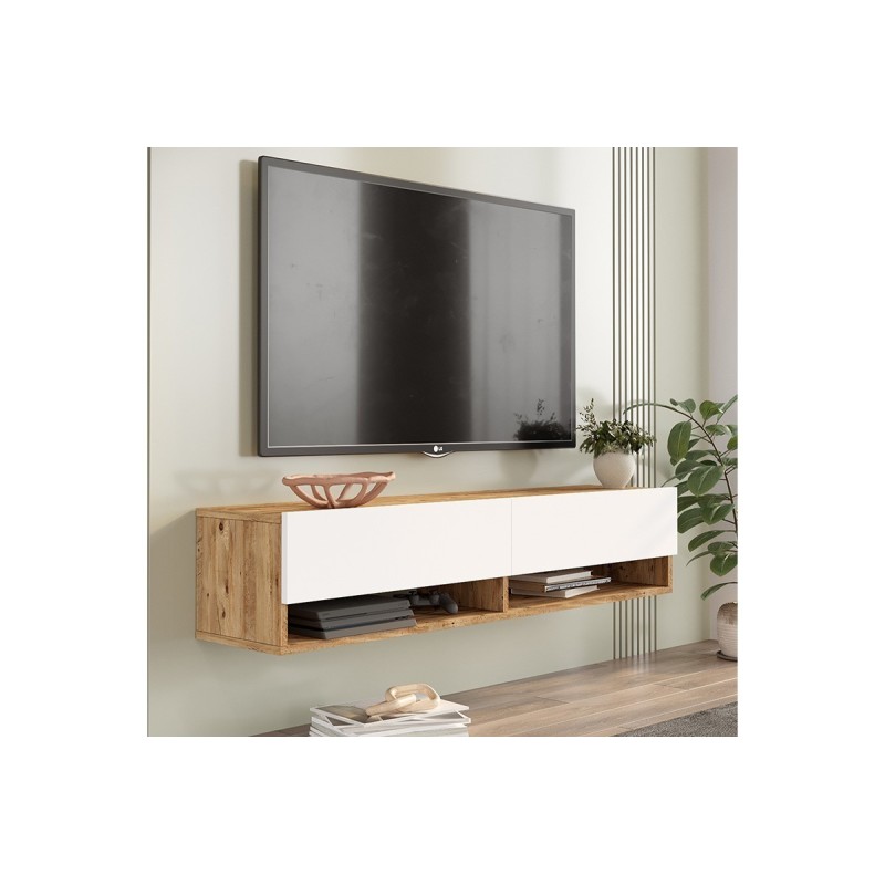 Mueble TV de Pared Color Blanco-Roble 140x31.6x29.6 cm - 2 Puertas - Estilo Moderno y Funcional.