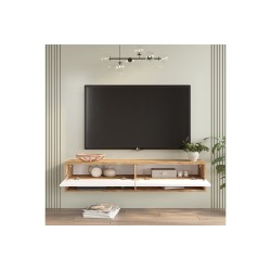 Mueble TV de Pared Color Blanco-Roble 140x31.6x29.6 cm - 2 Puertas - Estilo Moderno y Funcional.
