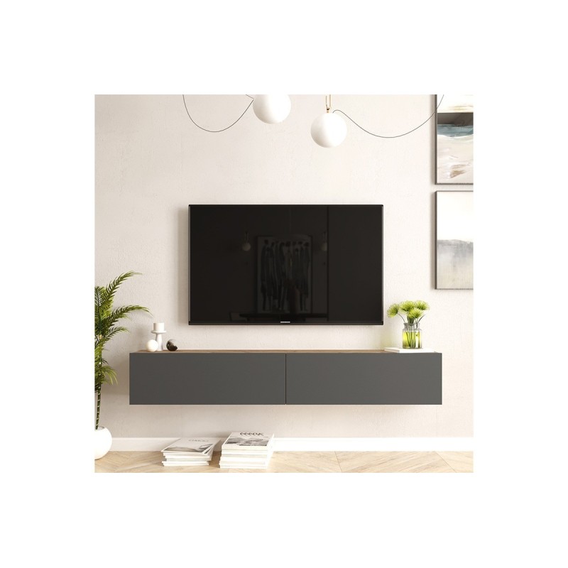 Mueble de TV de Pared moderno Antracita y Roble con 2 Cajones - 180x31.6x29.6 cm.