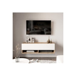 Mueble TV Moderno con 1 Puerta y Estantes en Melamina Color Cambria y Blanco - 100x31.5x29.6cm