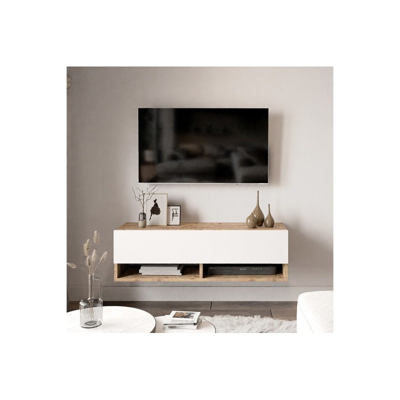 Mueble TV Moderno con 1 Puerta y Estantes en Melamina Color Cambria y Blanco - 100x31.5x29.6cm