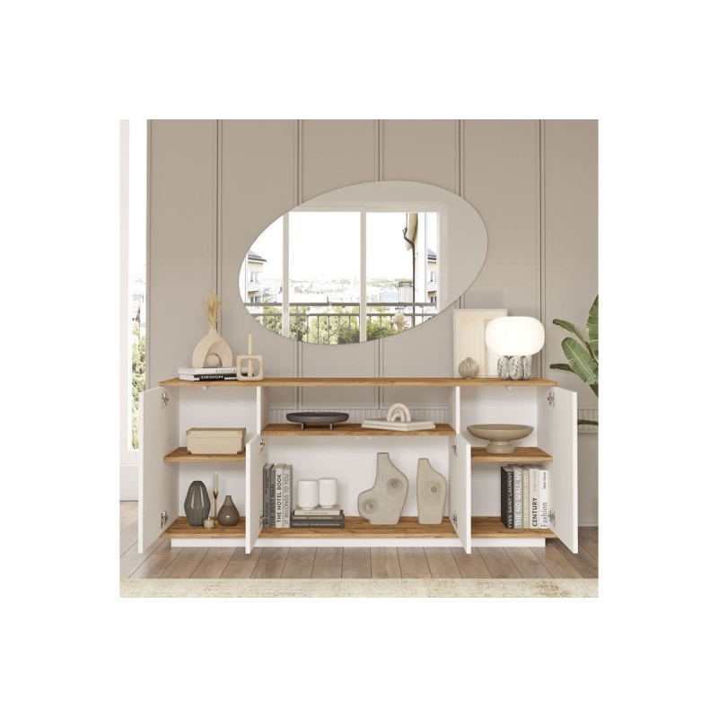 Buffet con 4 Puertas y Estantes en Melamina Blanco y Natural, 180x44.5x75 cm