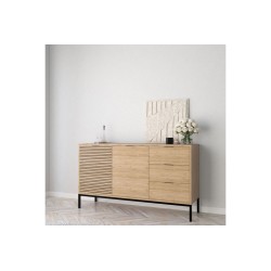Buffet en Melamina Roble con Patas Metálicas Negras, 140x40x80 Cm.