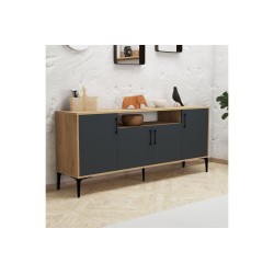 Buffet de Melamina Natural-Gris Oscuro-Negro - 180x40,5x78cm - Elegante Almacenamiento para Comedor
