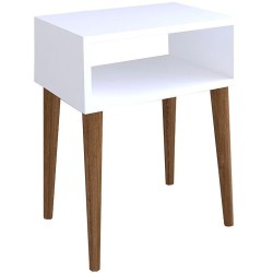 Mesita de Noche Blanca con Cajón y Patas de Madera - ¡Tamaño Ideal!
