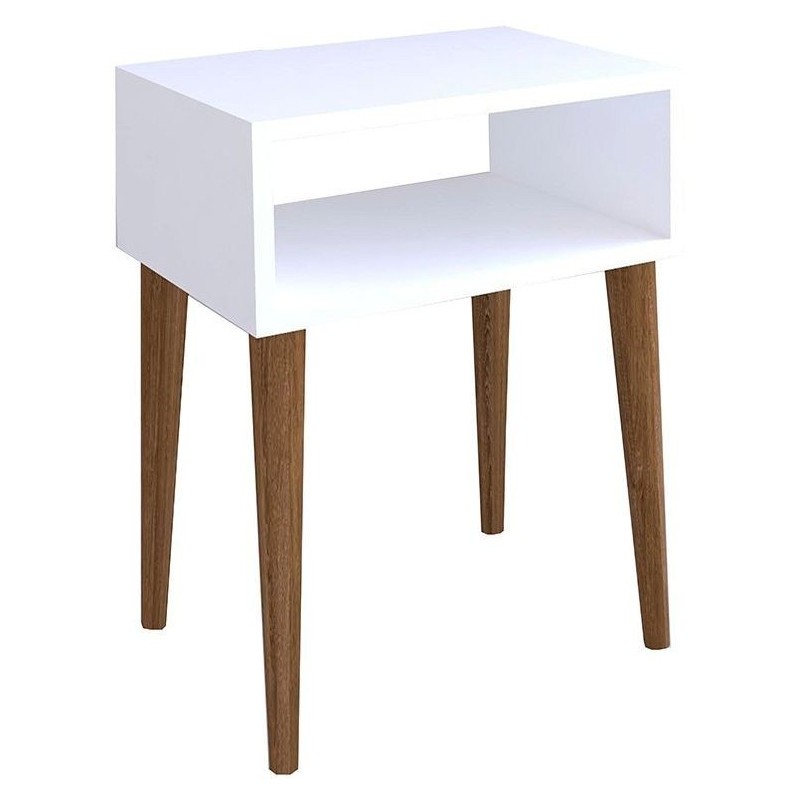 Mesita de Noche Blanca con Cajón y Patas de Madera - ¡Tamaño Ideal!