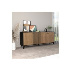 Buffet con 4 Puertas y Patas de Madera en Melamina Roble y Negro, 180x40x78,6 cm