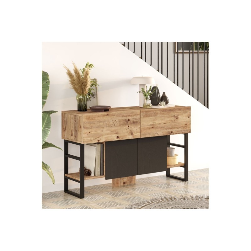 Buffet Diseño Moderno Natural-Negro con 4 Puertas - 139x43x83.5cm - Elegante Almacenamiento para Comedor