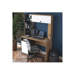 Escritorio-Librería de Melamina, Gris Oscuro-Blanco-Natural, 117x46x160 cm, Mueble Versátil para Oficina o Estudio.