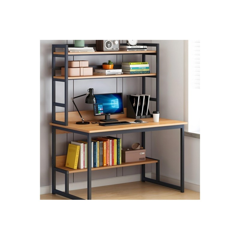 Mesa de Ordenador de Metal Negro y MDF Natural - Escritorio con Múltiples Estantes Espaciosos - 100x60x154 cm