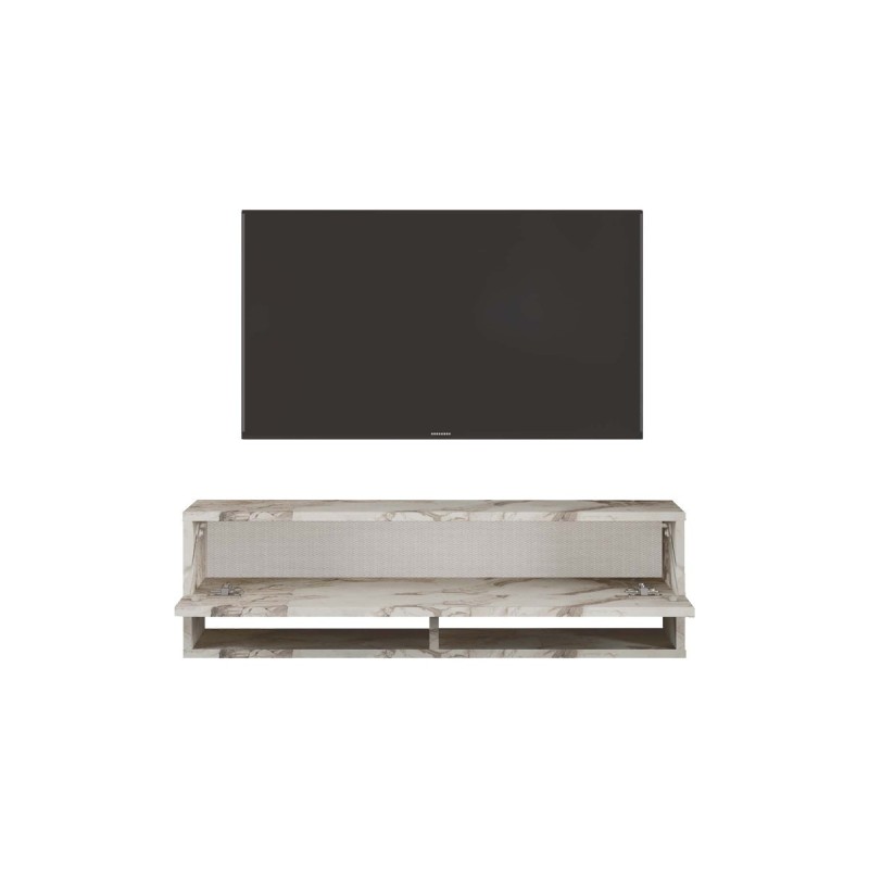 Mueble TV Moderno con 1 Puerta y Estantes en Melamina Color Mármol Marfil - 100x31.5x29.6cm