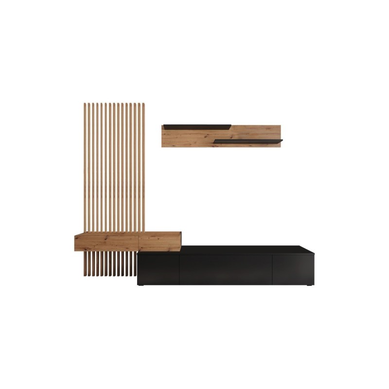 Mueble tv completo en Negro-Cambria, Fabricado en Melamina, 249,5x42x199,5cm - Moderno y Funcional.