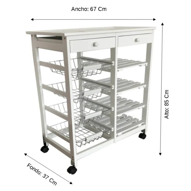 Verdulero frutero doble 4 cestas 4 baldas y 2 cajones color blanco 85x37x67
